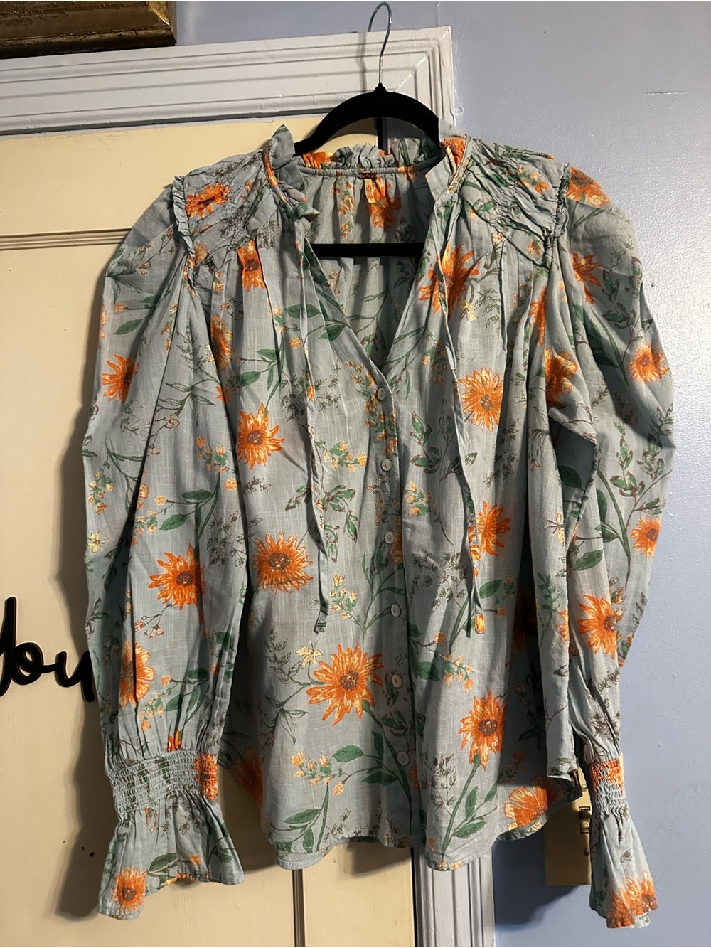 Free People "Meant To Be" Vintage Combo Floral Ruffled Cotton Blouse